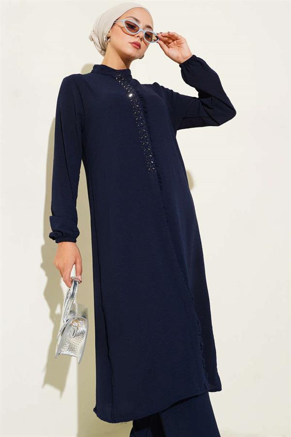 Navy Blue 2 Piece Set with Ruffled Front and Stone Detail