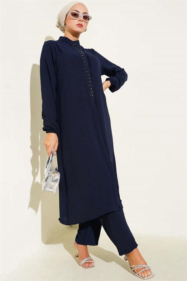 Navy Blue 2 Piece Set with Ruffled Front and Stone Detail