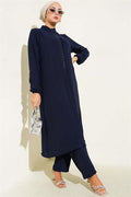 Navy Blue 2 Piece Set with Ruffled Front and Stone Detail