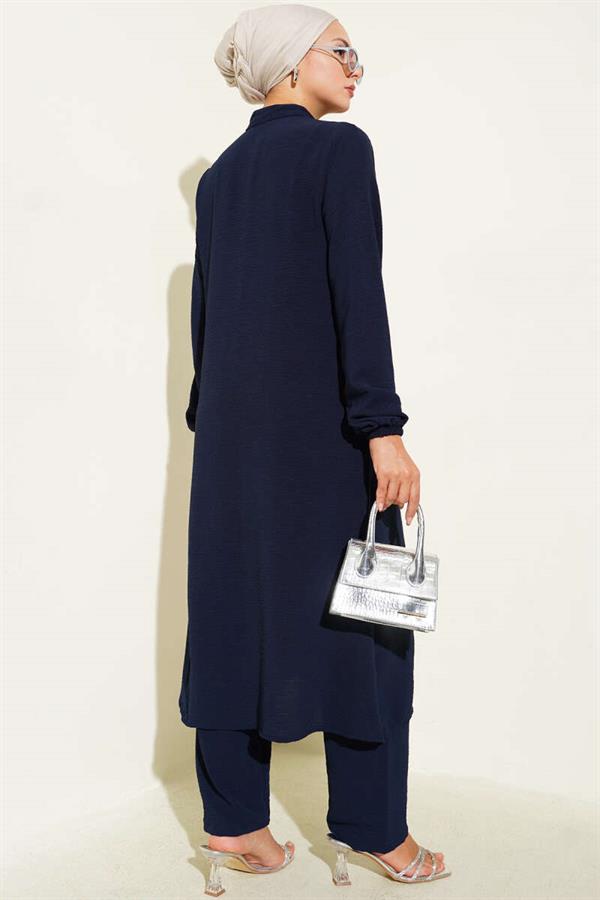 Navy Blue 2 Piece Set with Ruffled Front and Stone Detail