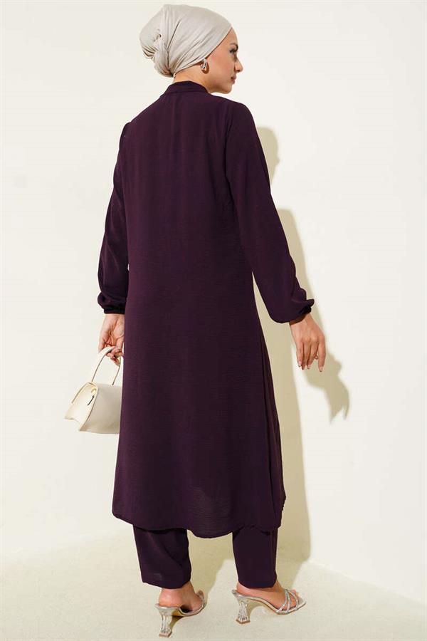 Ruffle Front Stone Detailed 2 Piece Set Plum