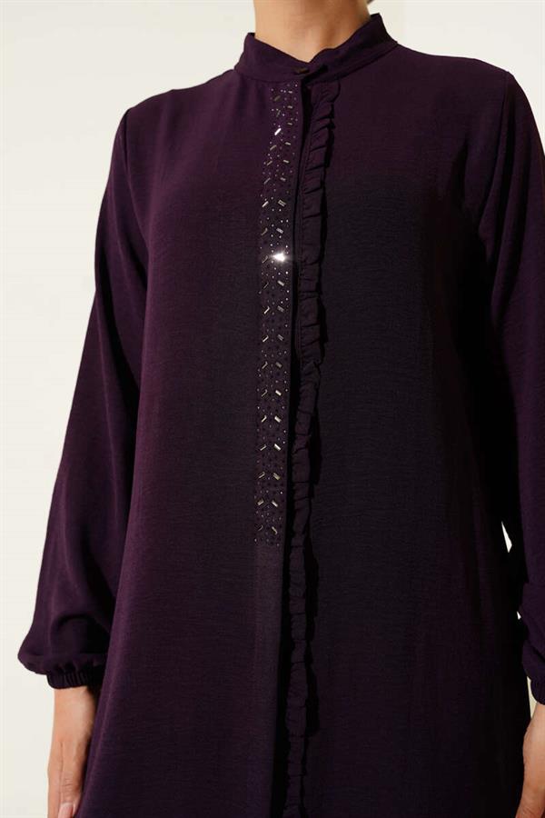 Ruffle Front Stone Detailed 2 Piece Set Plum