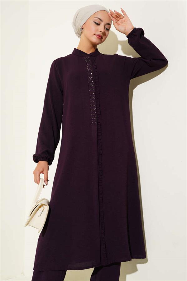 Ruffle Front Stone Detailed 2 Piece Set Plum