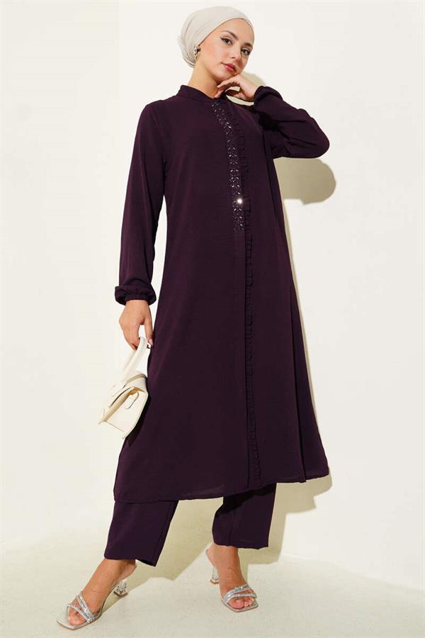 Ruffle Front Stone Detailed 2 Piece Set Plum