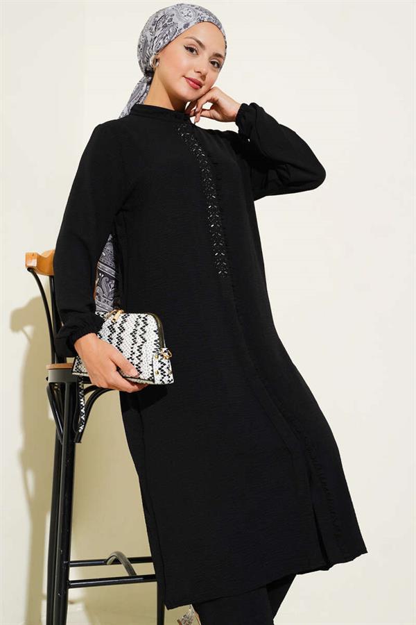 Ruffle Front Stone Detailed 2 Piece Set Black