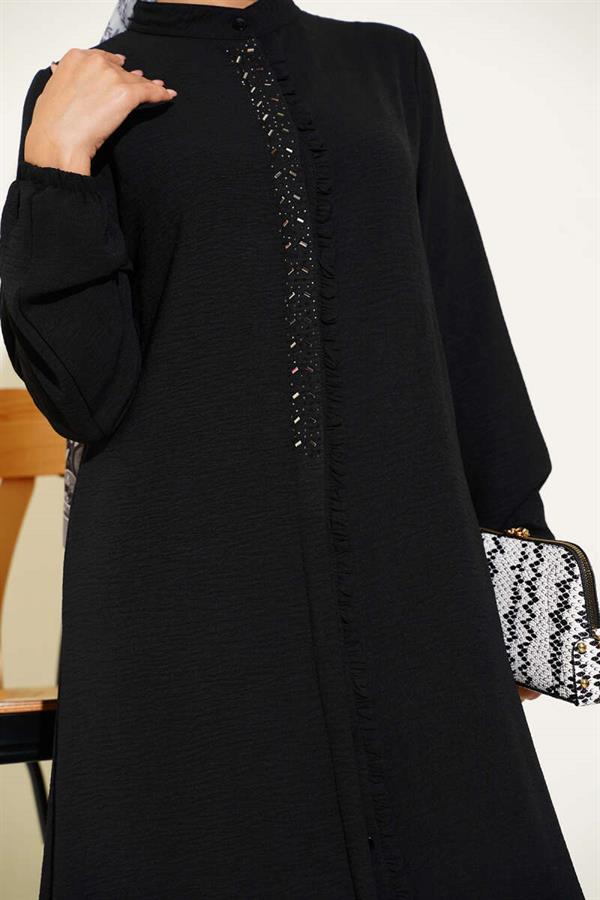 Ruffle Front Stone Detailed 2 Piece Set Black