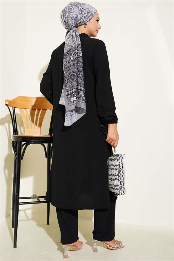 Ruffle Front Stone Detailed 2 Piece Set Black