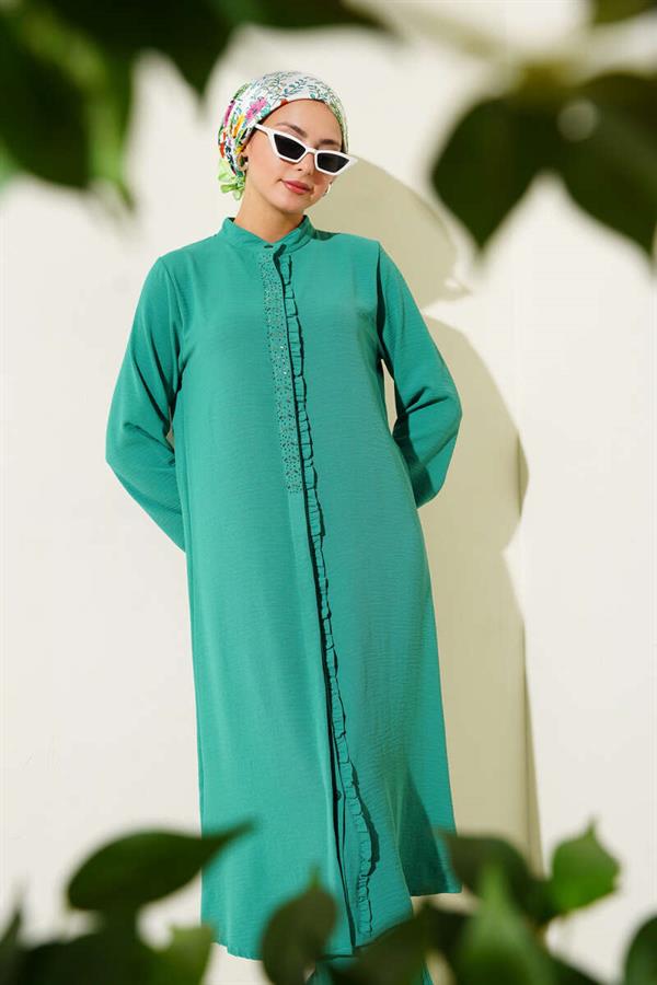 2 Piece Set Green with Ruffled Front and Stone Detail