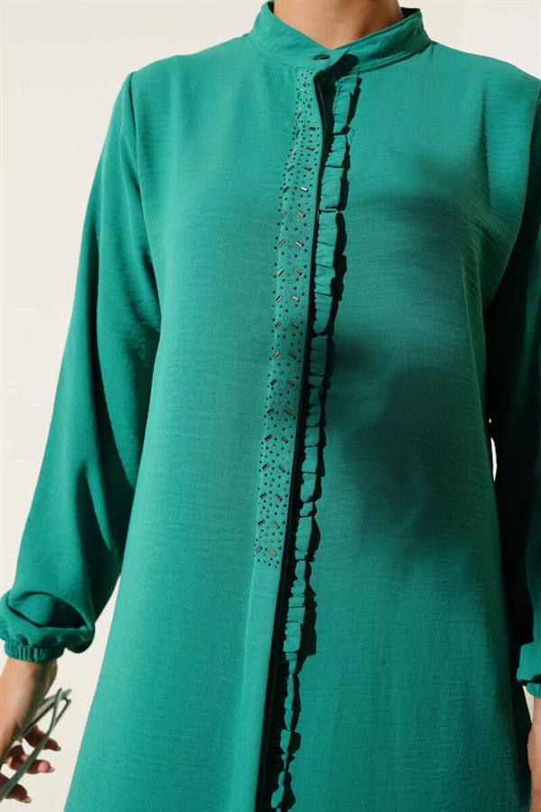 2 Piece Set Green with Ruffled Front and Stone Detail