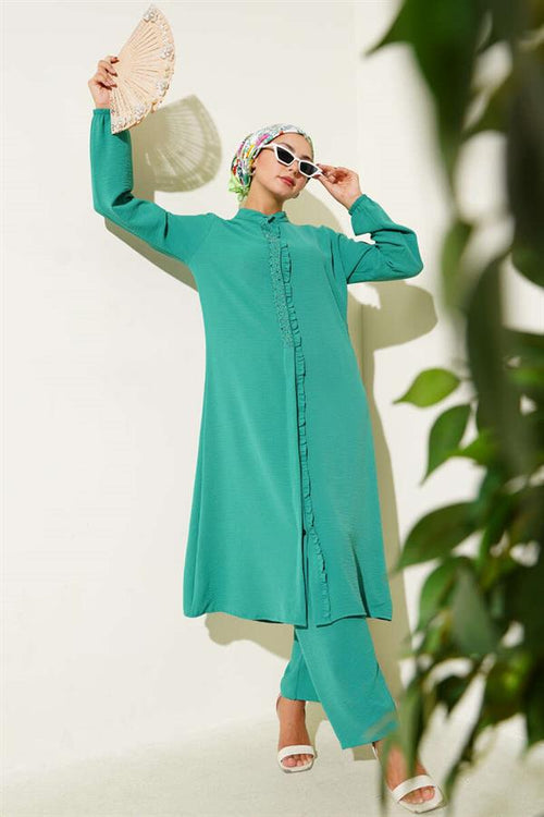 2 Piece Set Green with Ruffled Front and Stone Detail