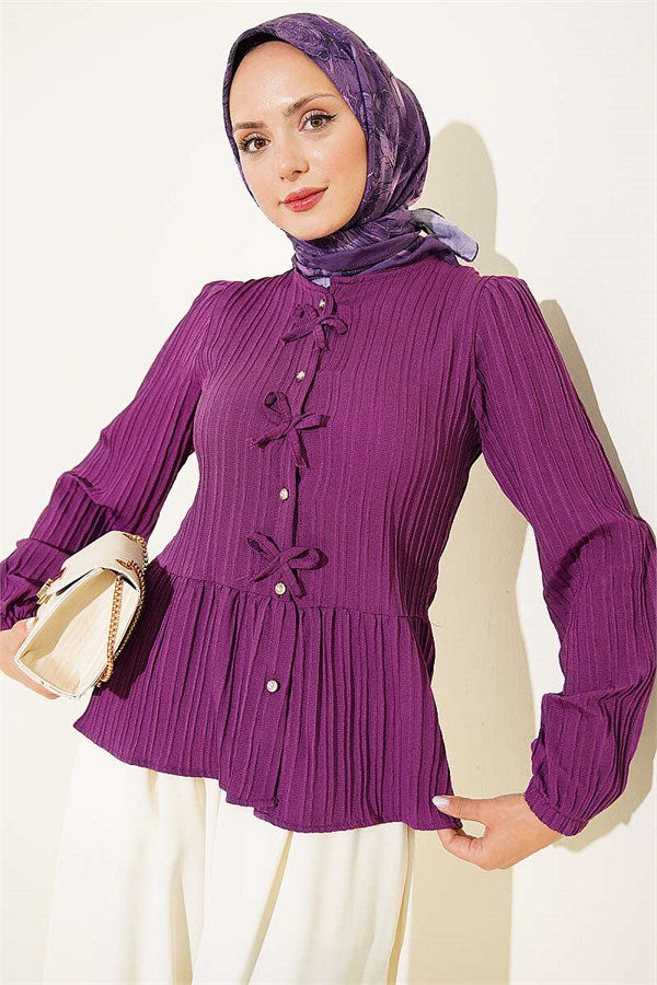Purple Button-Down Shirt with Bow at Front
