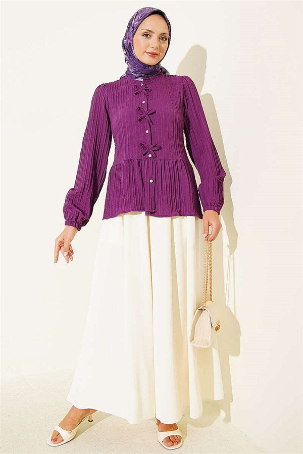 Purple Button-Down Shirt with Bow at Front