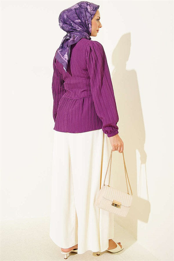 Purple Button-Down Shirt with Bow at Front