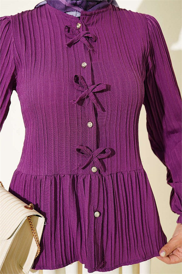 Purple Button-Down Shirt with Bow at Front