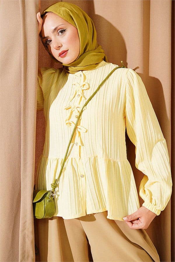 Yellow Button-Down Shirt with Bow at Front