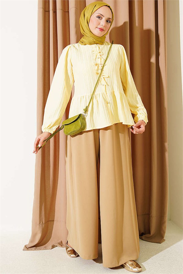 Yellow Button-Down Shirt with Bow at Front