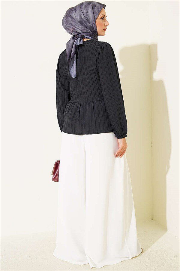 Black Button-Down Shirt with Bow at Front