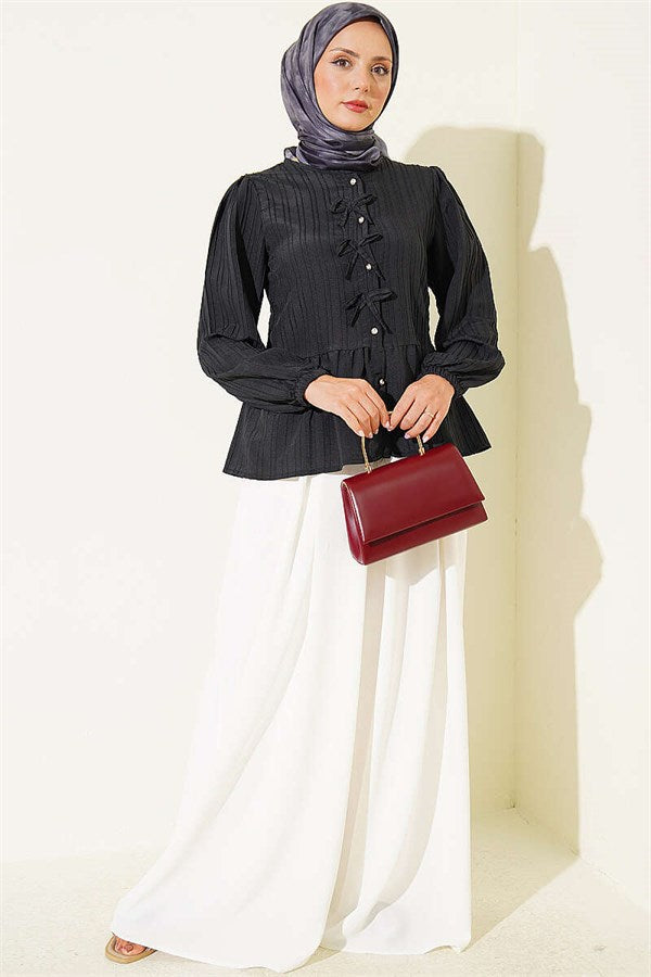 Black Button-Down Shirt with Bow at Front