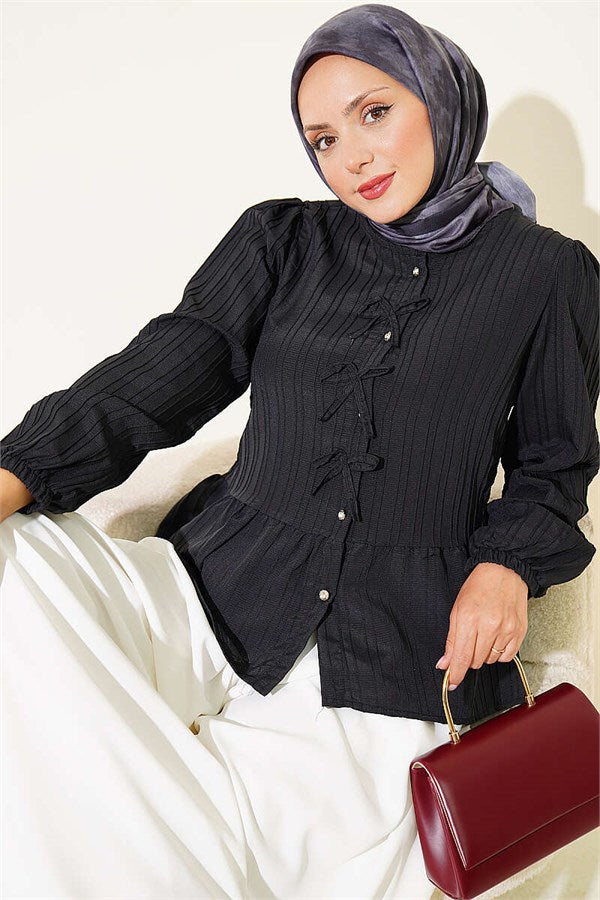 Black Button-Down Shirt with Bow at Front