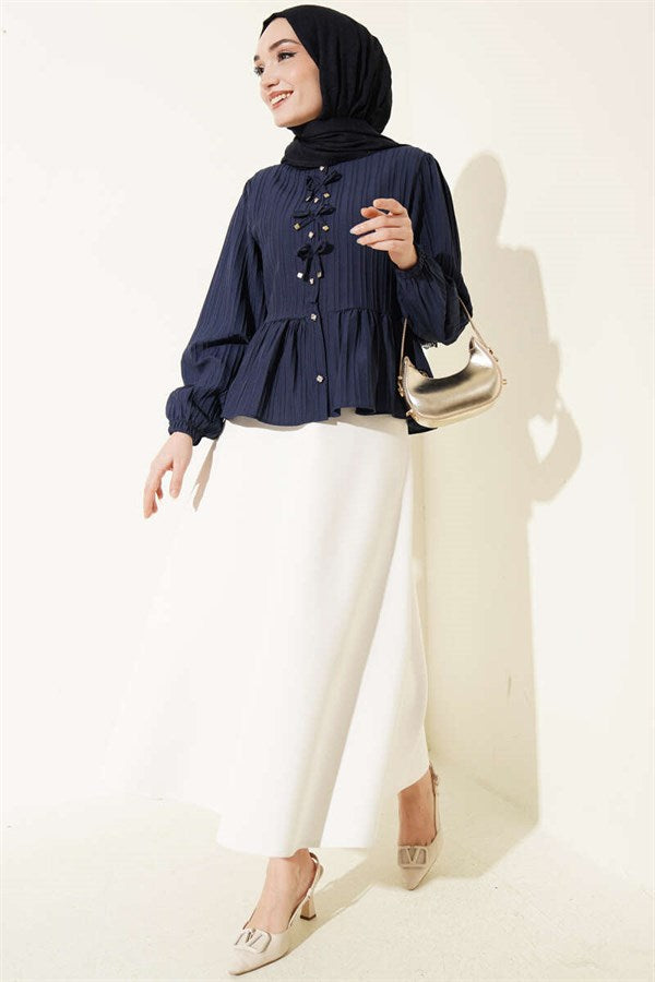 Navy Short Shirt with Bow and Ruffles at the Front