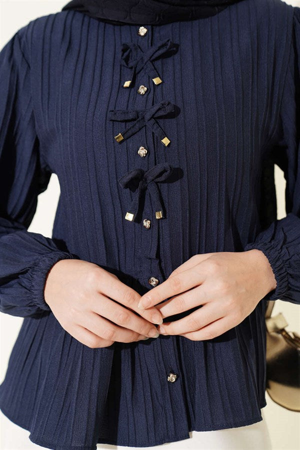 Navy Short Shirt with Bow and Ruffles at the Front