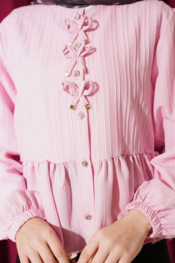 Pink Short Shirt with Bow and Ruffles at the Front