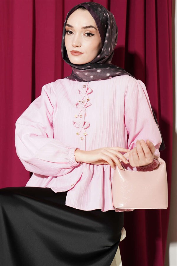 Pink Short Shirt with Bow and Ruffles at the Front