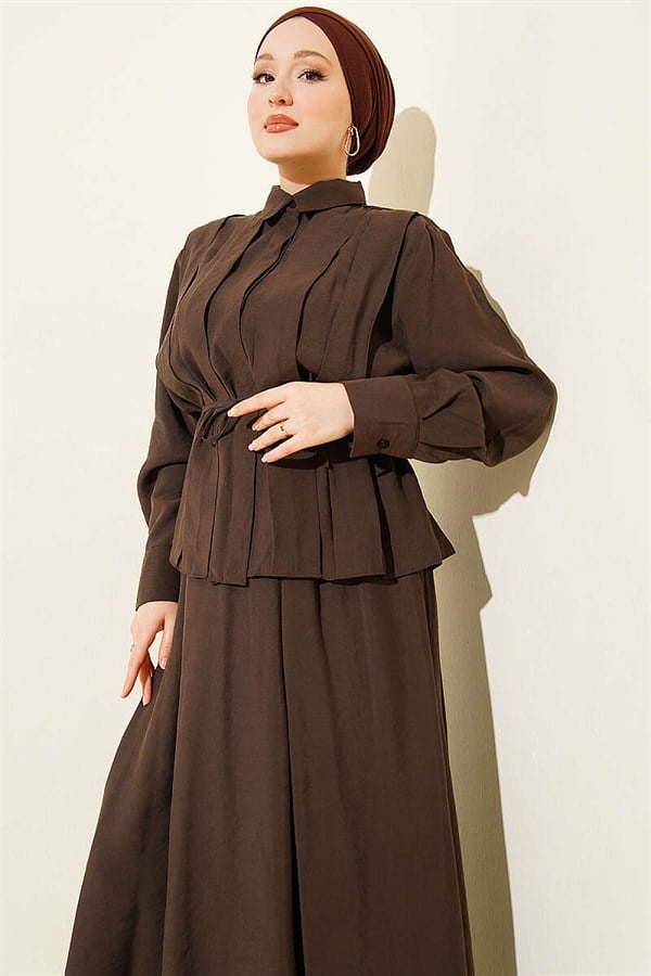 Dark Brown Set with Wide Pleated Modal Skirt