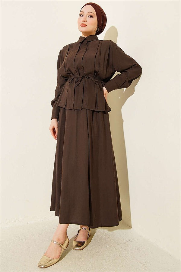 Dark Brown Set with Wide Pleated Modal Skirt