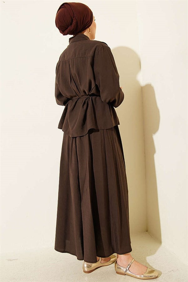 Dark Brown Set with Wide Pleated Modal Skirt