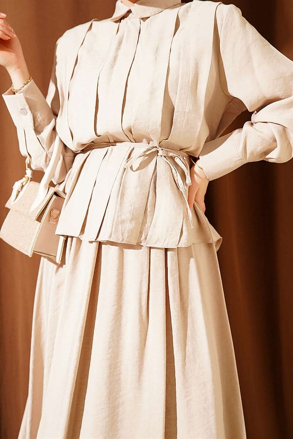 Beige Modal Skirt 2 Piece Set with Wide Pleated Front