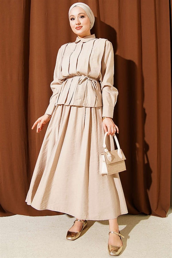 Beige Modal Skirt 2 Piece Set with Wide Pleated Front