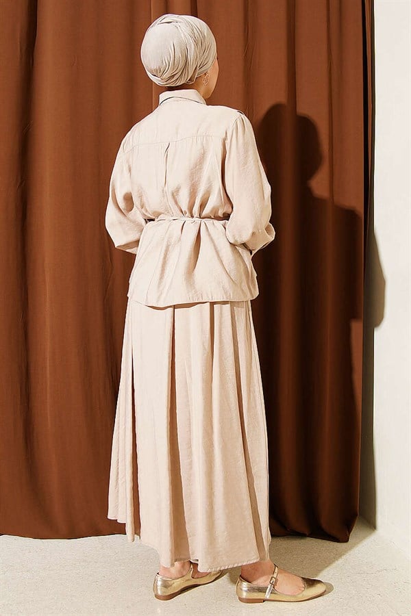 Beige Modal Skirt 2 Piece Set with Wide Pleated Front