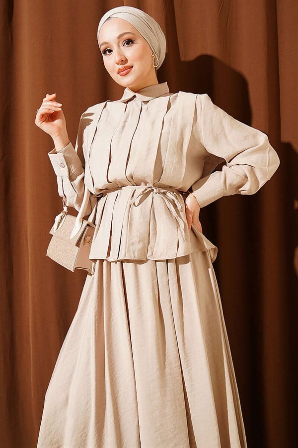 Beige Modal Skirt 2 Piece Set with Wide Pleated Front