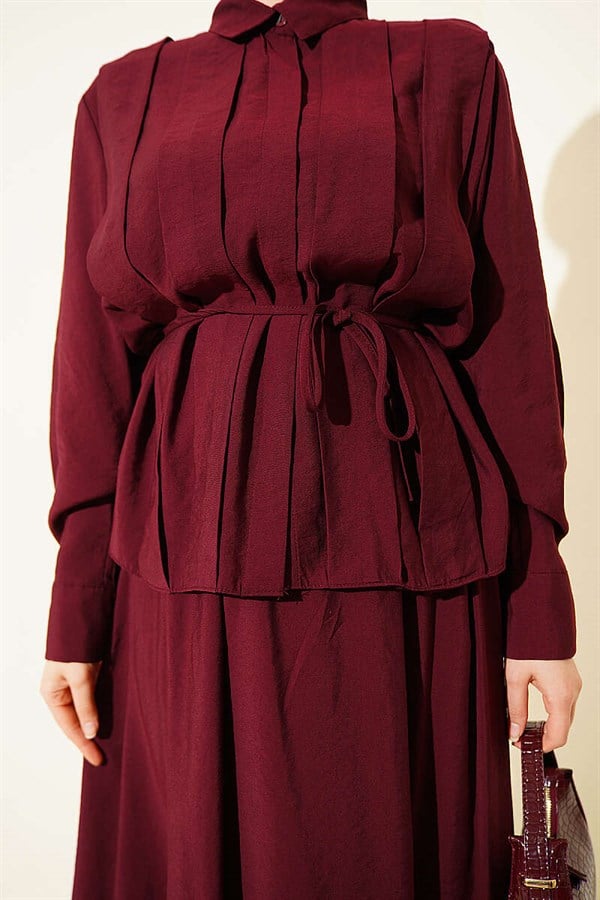 Burgundy 2 Piece Set with Wide Pleated Modal Skirt