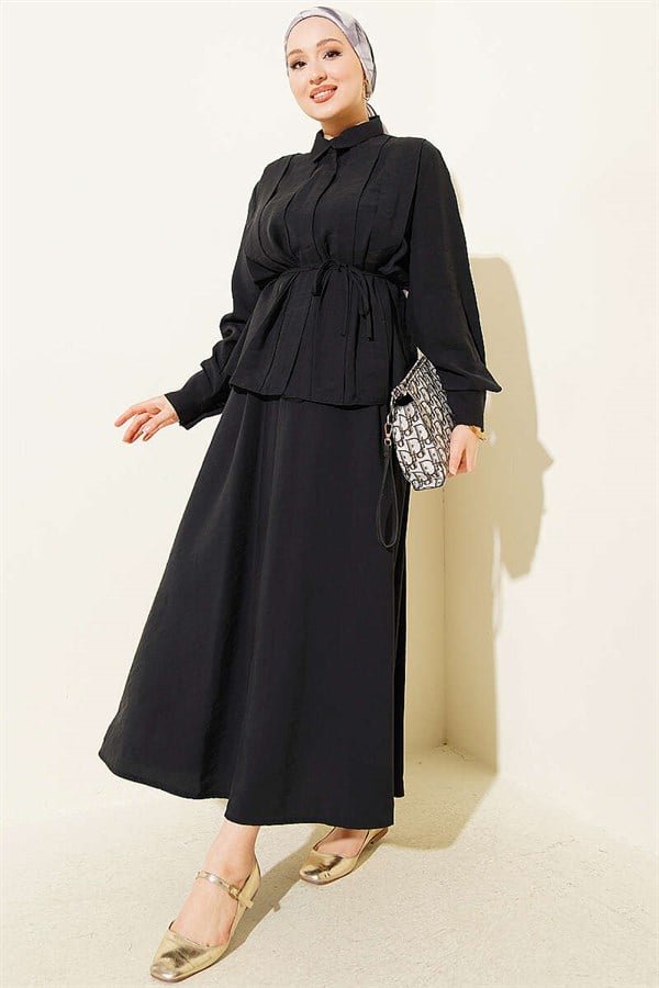 Black Modal Skirt 2 Piece Set with Wide Pleats at the Front