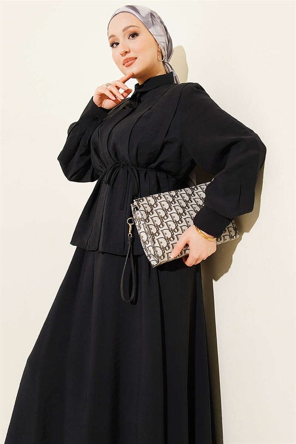 Black Modal Skirt 2 Piece Set with Wide Pleats at the Front