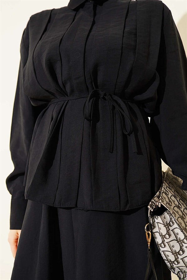 Black Modal Skirt 2 Piece Set with Wide Pleats at the Front