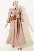 2 Piece Set with front-trimmed skirt, sand beige.