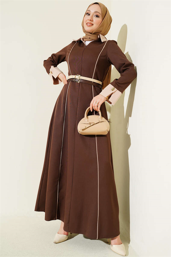 Coffee-colored dress with concealed front zipper and double belts.