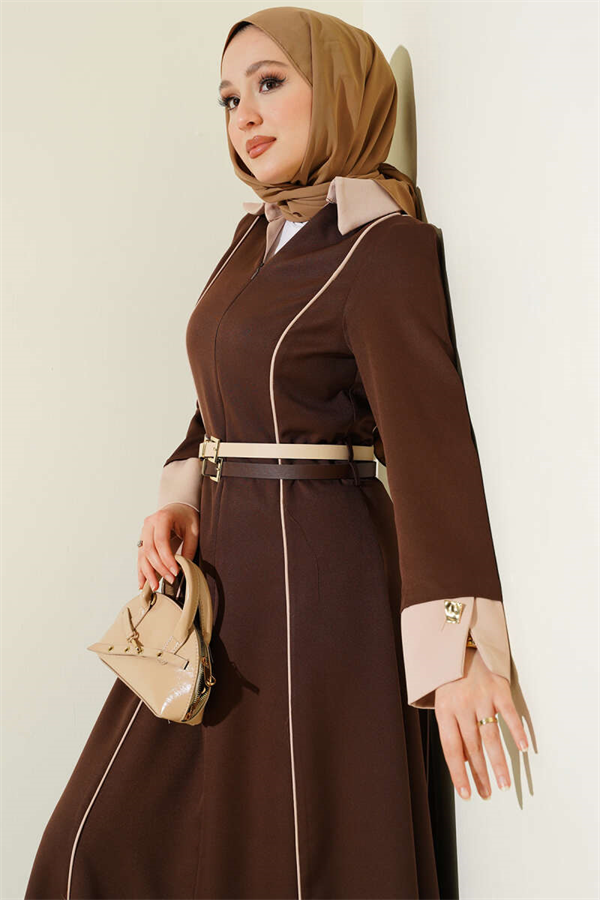 Coffee-colored dress with concealed front zipper and double belts.