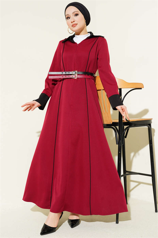 Burgundy Dress with Concealed Zipper Front and Double Belts