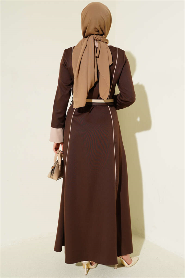 Coffee-colored dress with concealed front zipper and double belts.