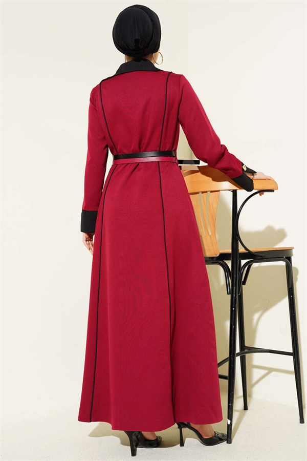 Burgundy Dress with Concealed Zipper Front and Double Belts