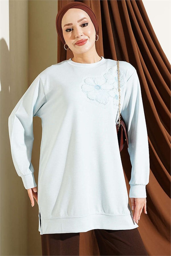 Loysa Tunic with Rose Accessory at the Front, Baby Blue
