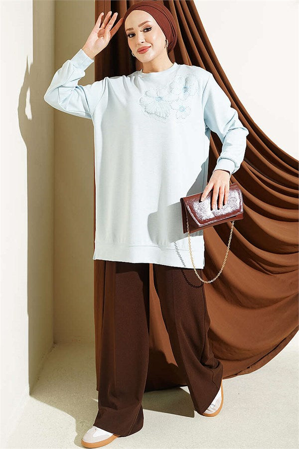 Loysa Tunic with Rose Accessory at the Front, Baby Blue