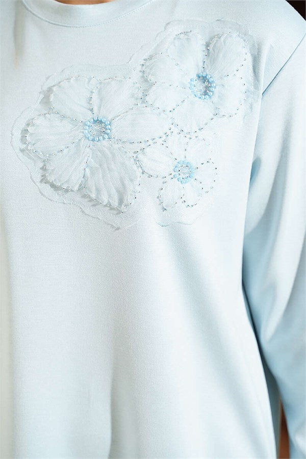 Loysa Tunic with Rose Accessory at the Front, Baby Blue