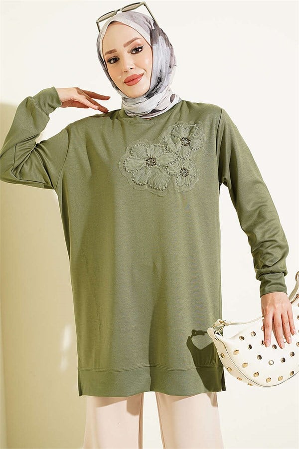 Loisha Tunic with Rose Accessory at the Front, Khaki