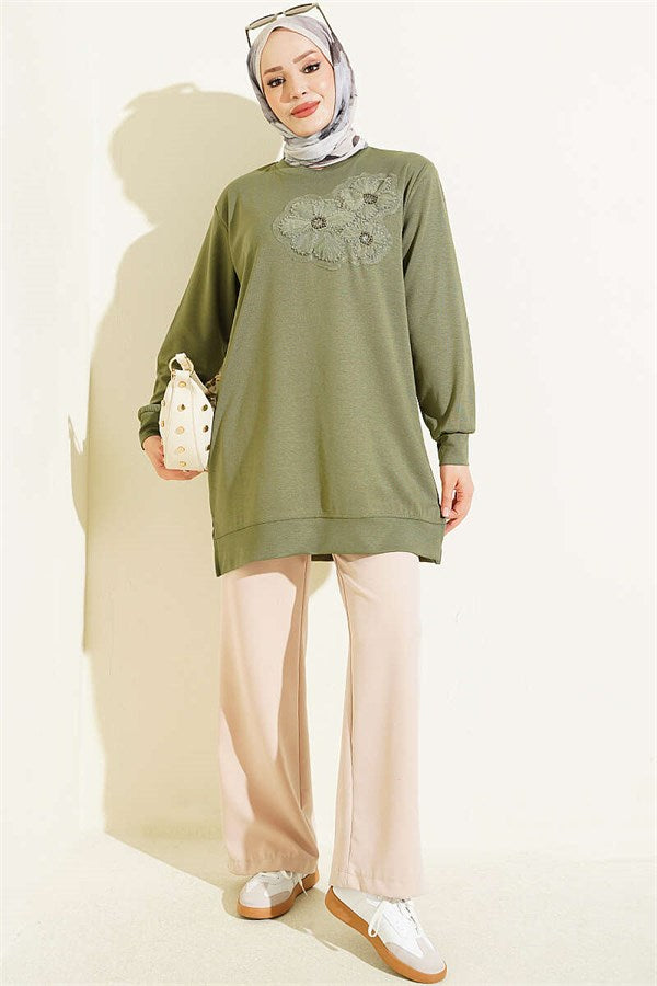 Loisha Tunic with Rose Accessory at the Front, Khaki