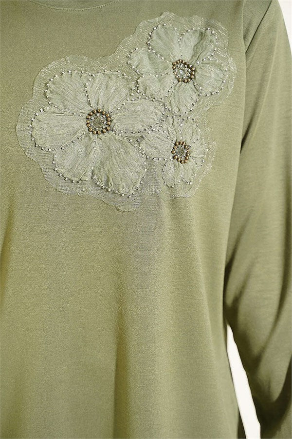 Loisha Tunic with Rose Accessory at the Front, Khaki